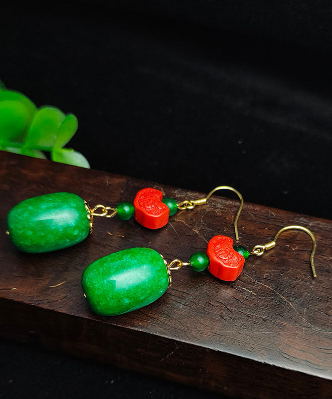 Regular Green Sterling Silver Jade Cinnabar Drop Earrings