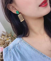 Regular Green Sterling Silver Overgild Inlaid Gem Stone Tassel Drop Earrings