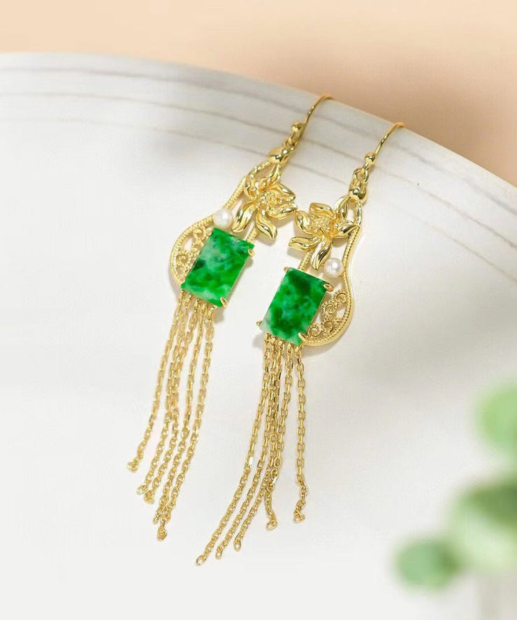 Regular Green Sterling Silver Overgild Inlaid Jade Tassel Drop Earrings