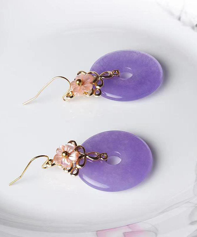 Regular Purple 24K Gold Shell Flower Chalcedony Drop Earrings