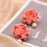 Regular Red Sterling Silver Pearl Floral Stud Earrings