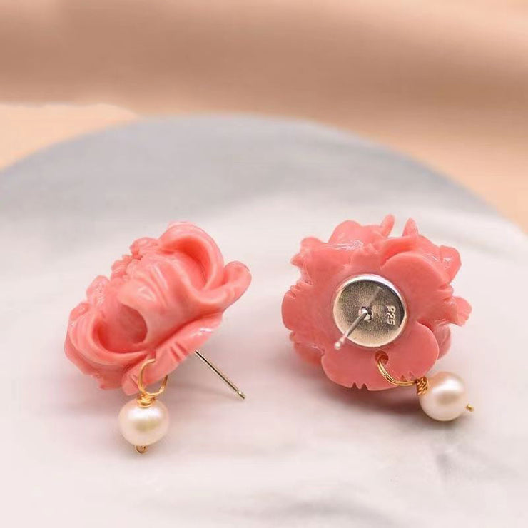 Regular Red Sterling Silver Pearl Floral Stud Earrings