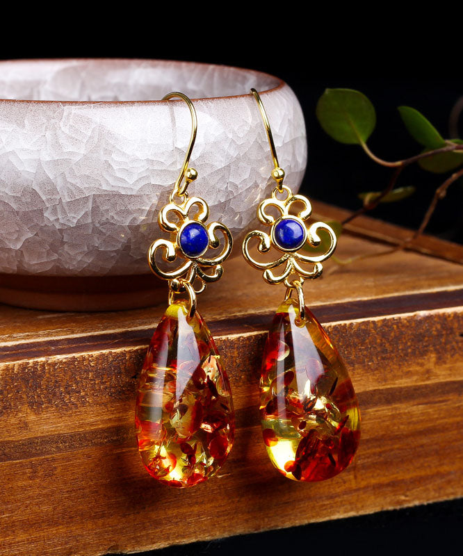 Regular Sterling Silver Overgild Inlaid Gem Stone Amber Drop Earrings