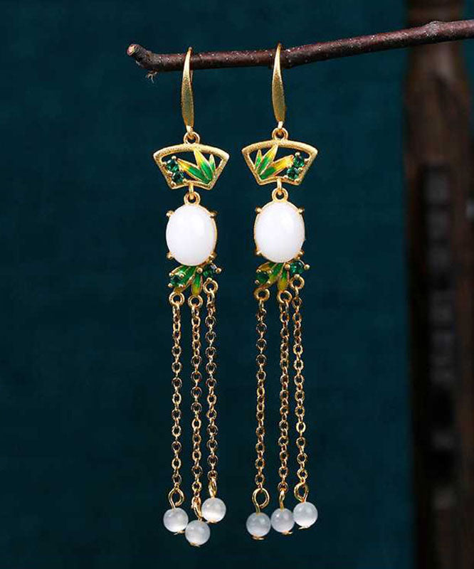 Regular White Copper Overgild Jade Enamel Tassel Drop Earrings