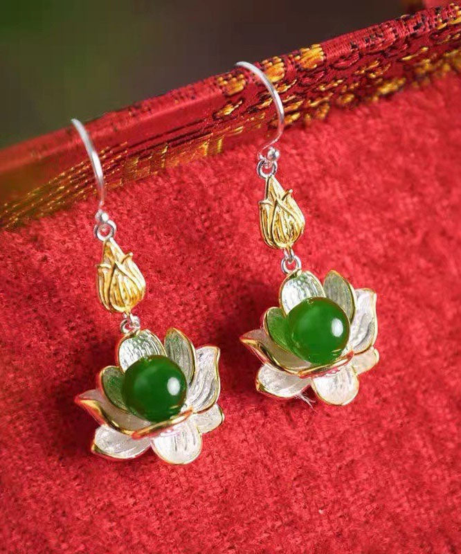 Regular White Sterling Silver Jade Lotus Drop Earrings