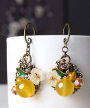 Regular Yellow Copper Pearl Coloured Glaze Oil Drip Floral Drop Earrings