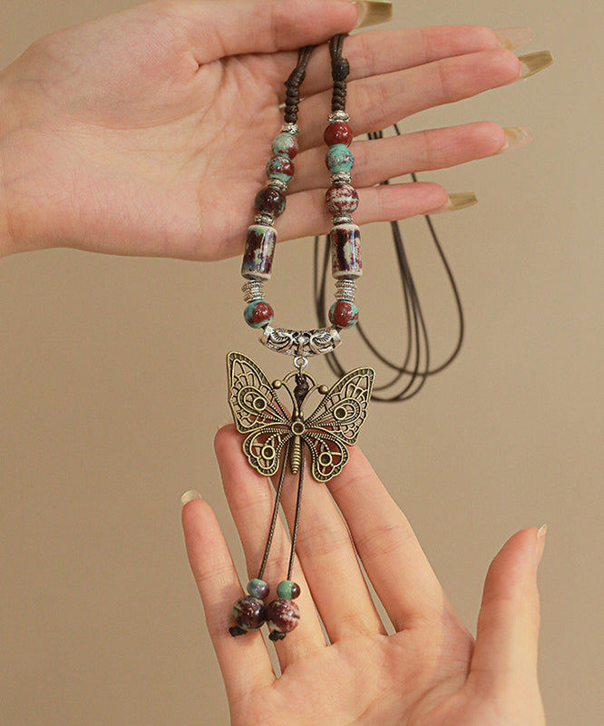 Retro Alloy Ceramic Beads Butterfly Small Bell Tassel Lariat Necklace