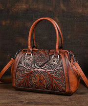 Retro Apricot Colored Cowhide Handmade Carved Handbag