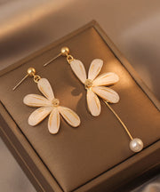 Retro Beige Asymmetricar Floral Alloy Pearl Resin Drop Earrings