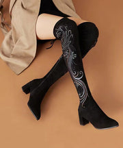 Retro Black Chinese Style Embroidered Chunky Knee Boots