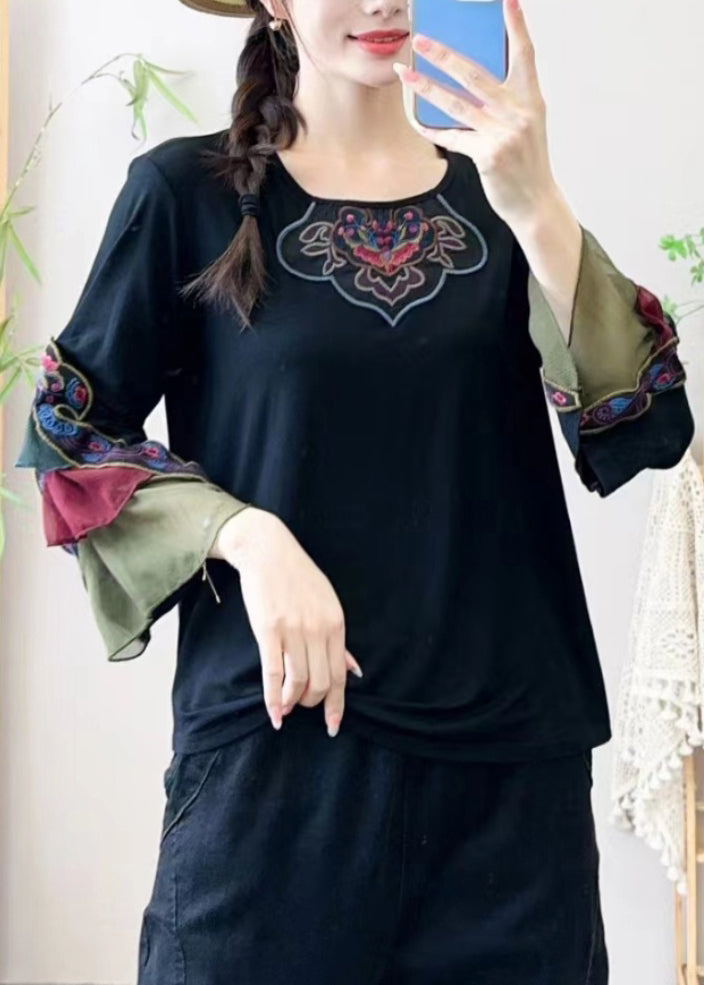 Retro Black Embroidered Floral Tulle Patchwork Shirt Bracelet Sleeve