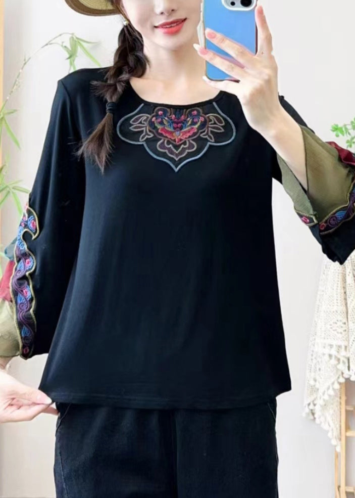 Retro Black Embroidered Floral Tulle Patchwork Shirt Bracelet Sleeve