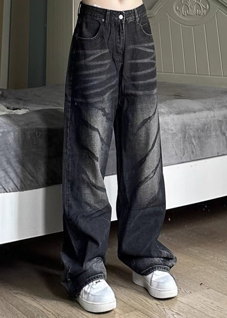 Retro Black High Wais Men Denim Wide Leg Pants