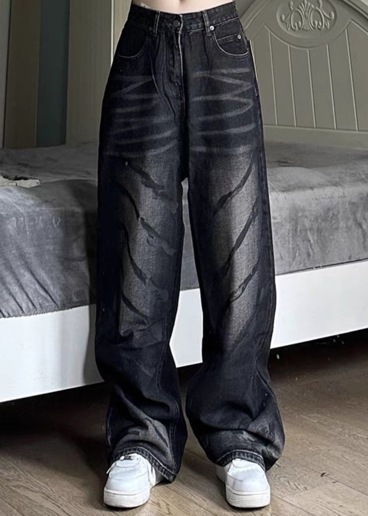 Retro Black High Wais Men Denim Wide Leg Pants