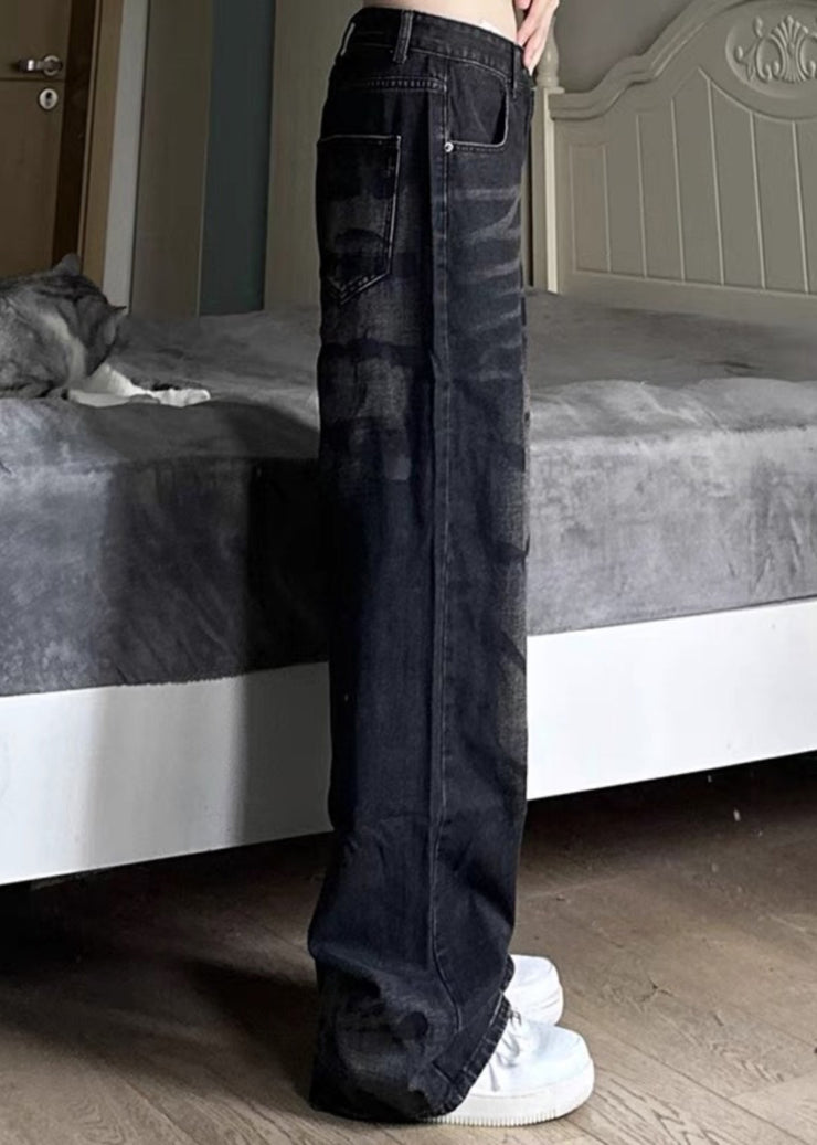 Retro Black High Wais Men Denim Wide Leg Pants