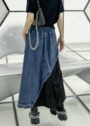 Retro Black Patchwork High Waist Pockets Denim Skirt Summer