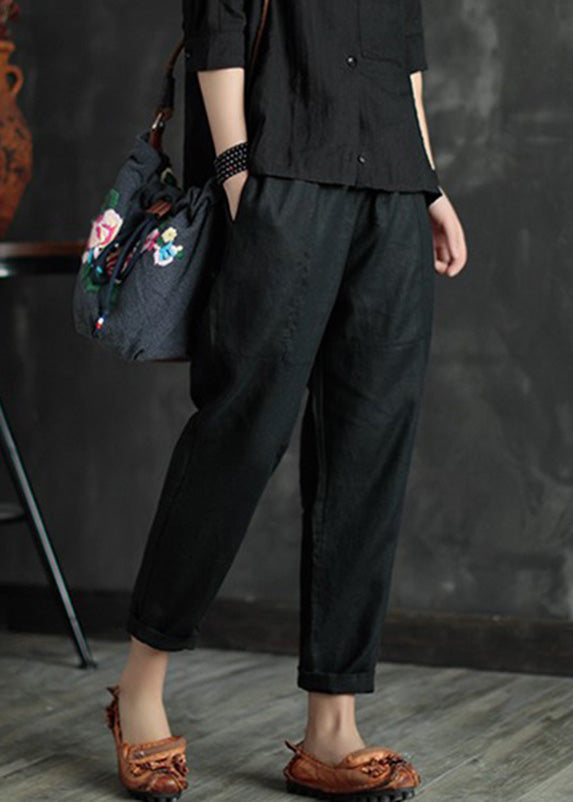 Retro Black Patchwork Pockets Solid Linen Beam Pants Summer