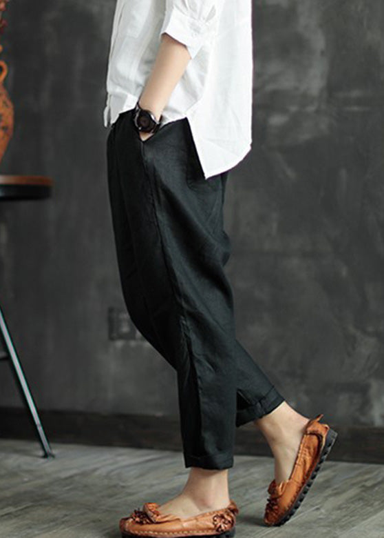 Retro Black Patchwork Pockets Solid Linen Beam Pants Summer