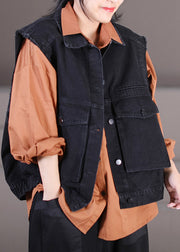 Retro Black Peter Pan Collar Patchwork Button Denim Waistcoat Fall