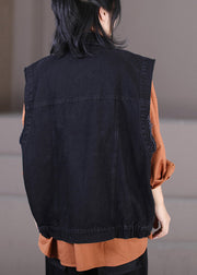 Retro Black Peter Pan Collar Patchwork Button Denim Waistcoat Fall