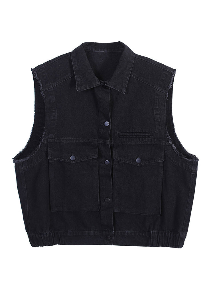 Retro Black Peter Pan Collar Patchwork Button Denim Waistcoat Fall