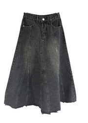 Retro Black Pockets Patchwork Button Denim Maxi Skirt