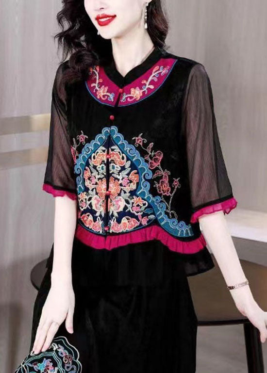 Retro Black Ruffled Embroideried Button Patchwork Chiffon Tops Summer