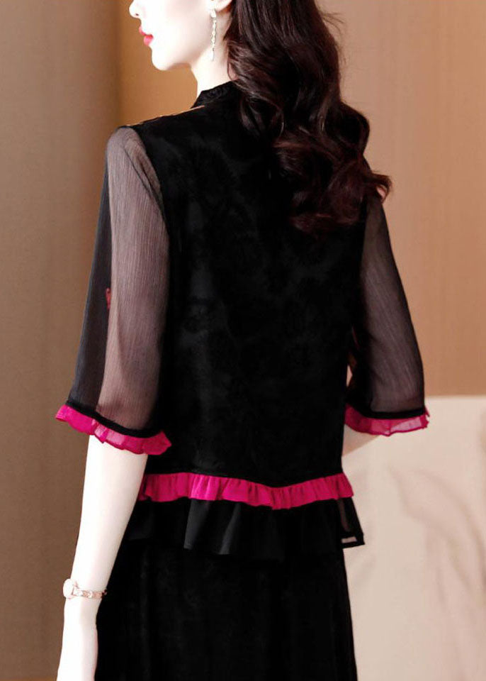 Retro Black Ruffled Embroideried Button Patchwork Chiffon Tops Summer