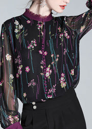 Retro Black Ruffled Graphic Print Hollow Out Button Silk Shirt Spring