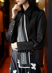 Retro Black Square Collar Button Silk Shirt Long Sleeve