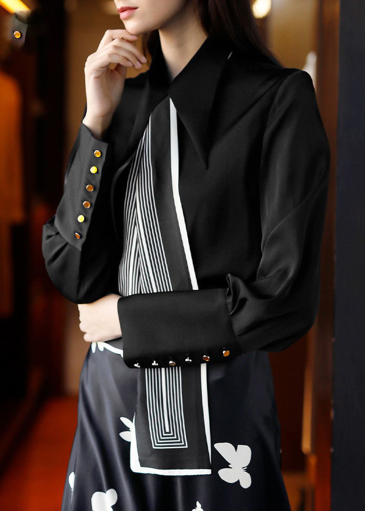 Retro Black Square Collar Button Silk Shirt Long Sleeve