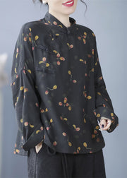 Retro Black Stand Collar Print Button Shirt Long Sleeve