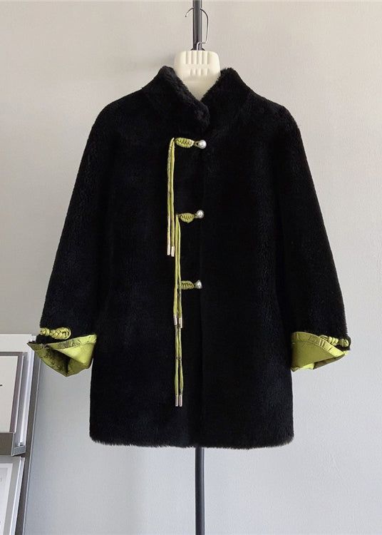 Retro Black Stand Collar Tasseled Chinese Button Wool Coat Winter