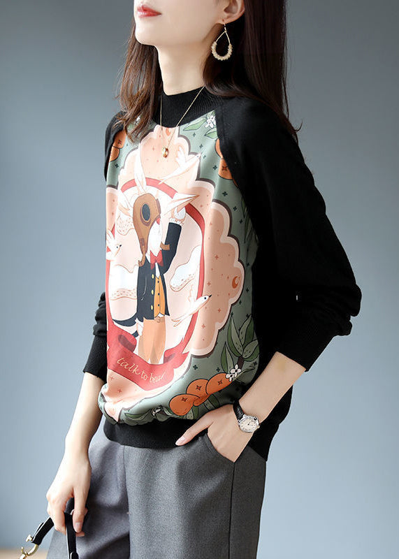 Retro Black Turtleneck Print Patchwork Knit Sweatshirts Long Sleeve