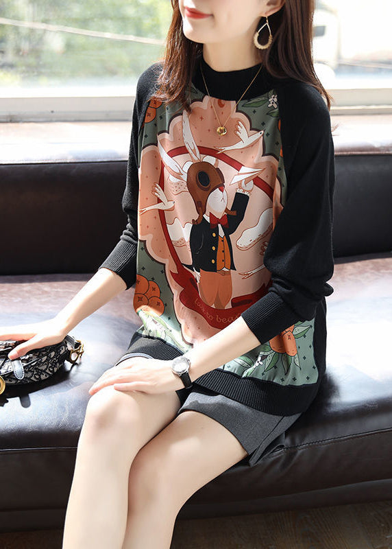 Retro Black Turtleneck Print Patchwork Knit Sweatshirts Long Sleeve