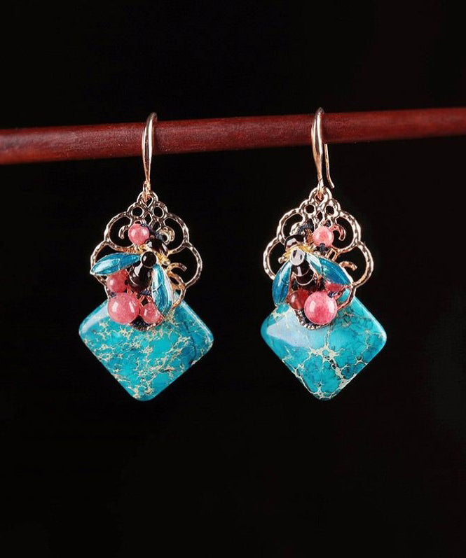 Retro Blue Copper Cloisonne Jade Bee Drop Earrings