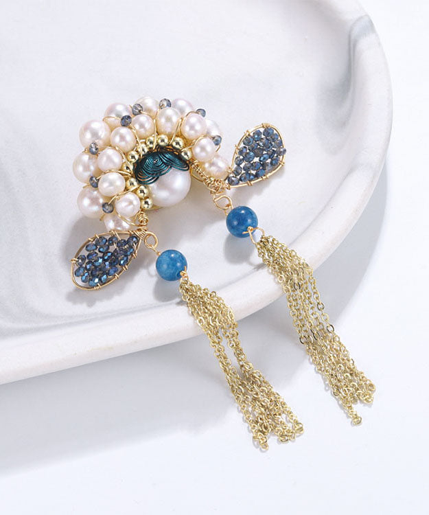 Retro Blue Copper Overgild Zircon Pearl Face Mask Brooches