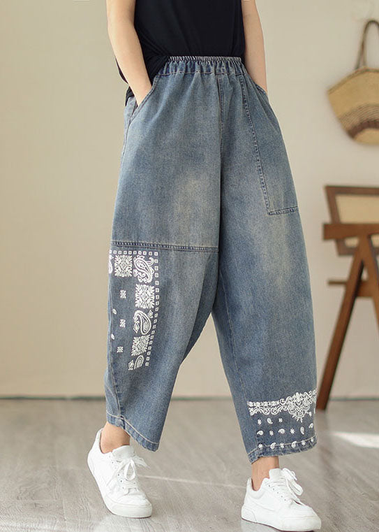 Retro Blue Embroideried Pockets Patchwork Denim Pants Summer