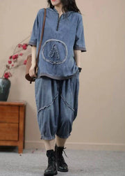 Retro Blue Hooded Zippered Patchwork Denim Two Pieces Set Summer