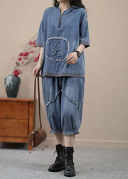 Retro Blue Hooded Zippered Patchwork Denim Two Pieces Set Summer