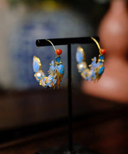 Retro Blue Overgild Agate Pearl Enamel Dragon Shaped Hoop Earrings