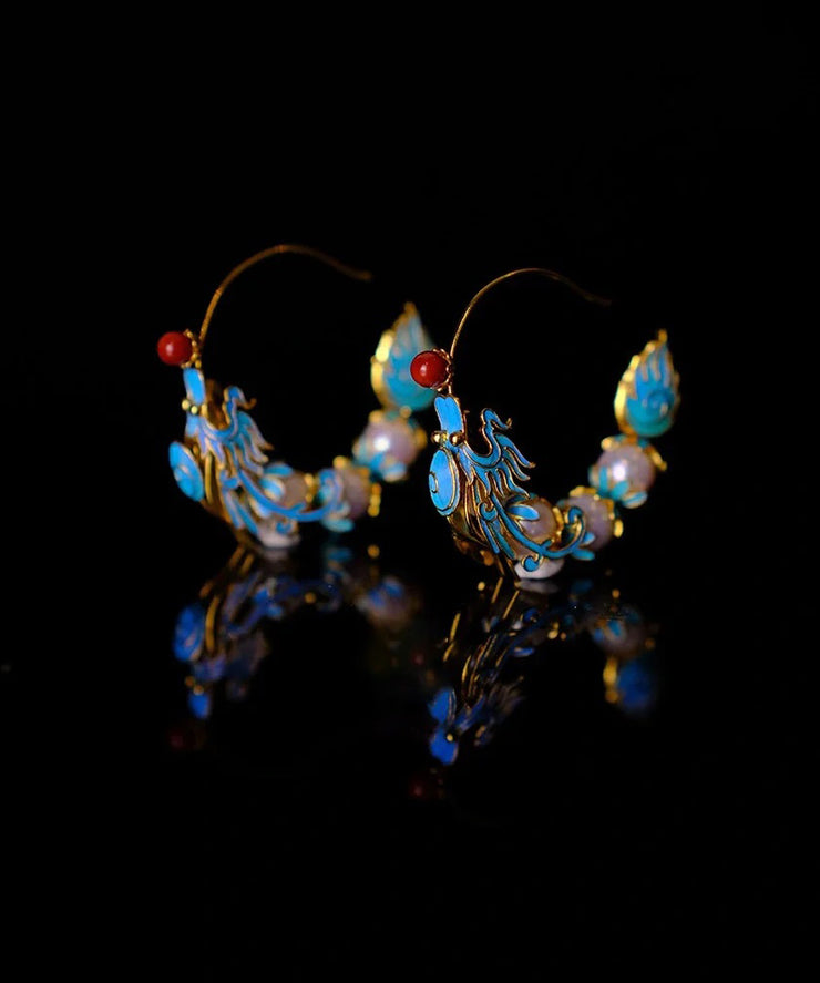 Retro Blue Overgild Agate Pearl Enamel Dragon Shaped Hoop Earrings