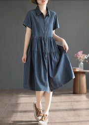 Retro Blue Patchwork Solid Silk Vacation Denim Long Shirt Dresses Summer