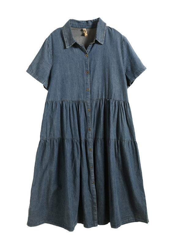 Retro Blue Patchwork Solid Silk Vacation Denim Long Shirt Dresses Summer