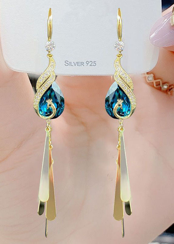 Retro Blue Phoenix Zircon Tassel Drop Earrings