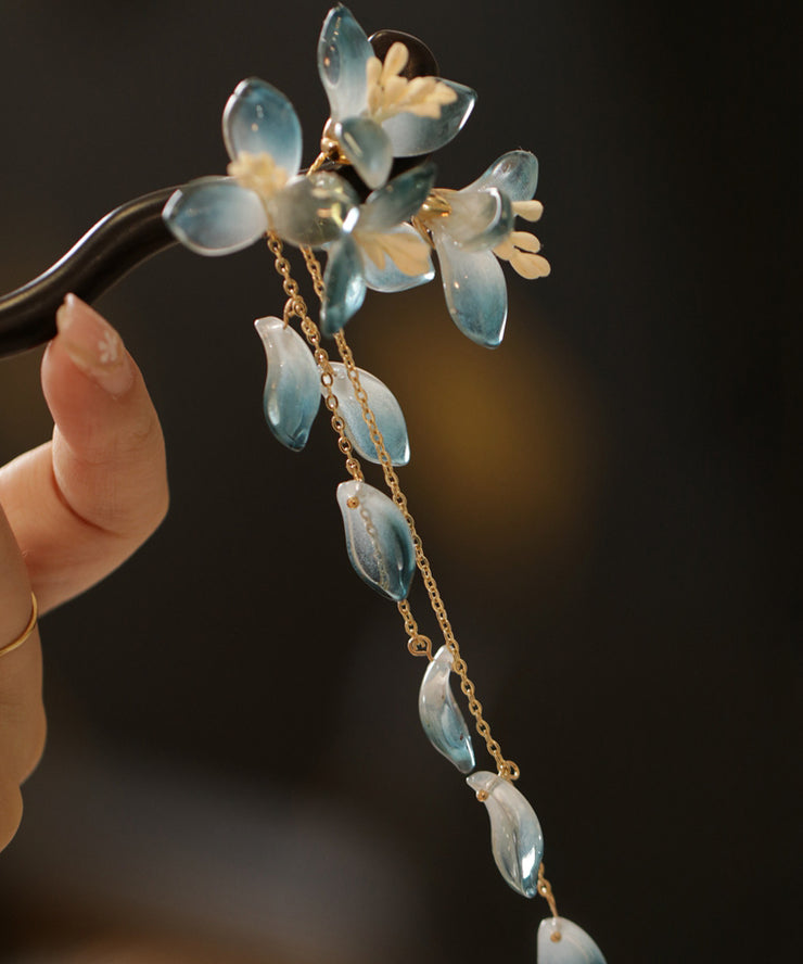 Retro Blue Sandalwood Coloured Glaze Floral Tassel Hairpin