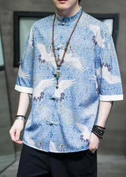 Retro Blue Stand Collar Print Chinese Button Mens Shirts Coat Summer