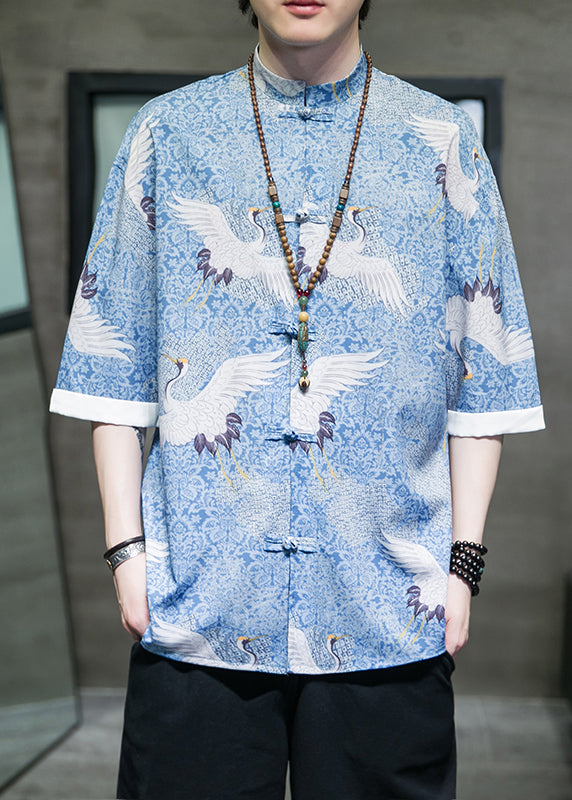 Retro Blue Stand Collar Print Chinese Button Mens Shirts Coat Summer