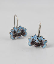 Retro Blue Sterling Silver Cloisonne Peony Stud Earrings