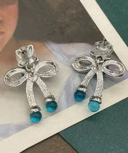 Retro Blue Sterling Silver CrystalColoured Glaze Bow Stud Earrings